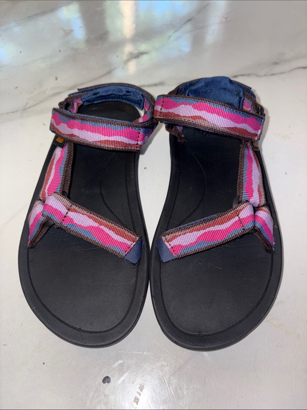 Teva Kids Black Sandals with Pink & Purple Striped Webbing